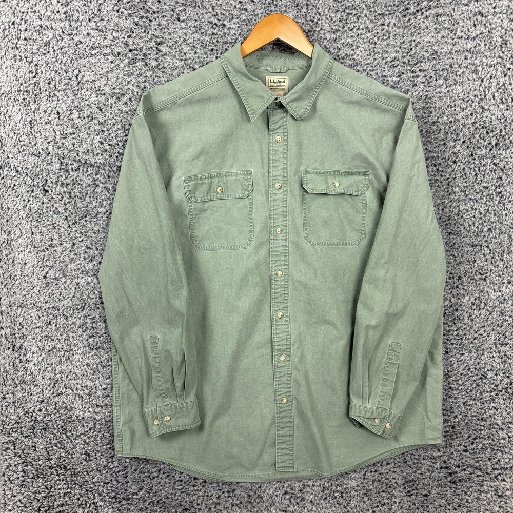 LL Bean Shirt Mens 2XLT Green Button Up Two Pocket Workwear Traditional Fit